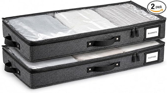 2pc Low Profile Under Bed Storage Containers, Thin Under Couch Storage Organizer with Bins & Lids, Underbed Storage Box Ideal for Seasonal Clothes, Blankets, Fabric & Shoes (Dark Gray)