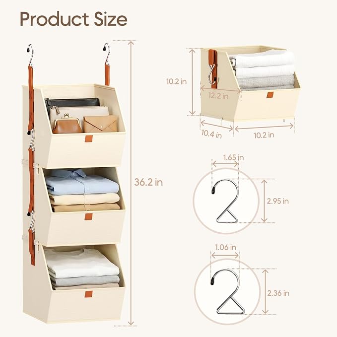 Homsorout Collapsible Hanging Closet Organizer - 6 Tier Closet Shelves Storage System with Hooks, Fabric Hanging Storage Bins for Clothes, Foldable Storage Basket for Laundry, Bedroom, Rv, Beige