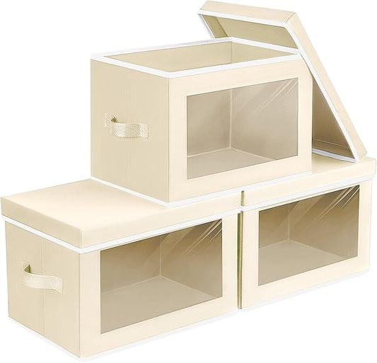 Storage Boxes with Lids - 3 Pack Fabric Clear Window Storage Bins, Collapsible Storage Bins with Lids, Linen Closet Organizer for Clothes, Towel, Blanket, Beige