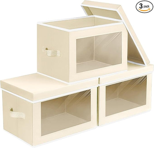 Homsorout Fabric Storage Bins with Lids, Storage Cubes with Window, Decorative Storage Boxes Baskets for Organizing, Closet Organizer Storage Bins for Home, Office, 3 Packs, Beige