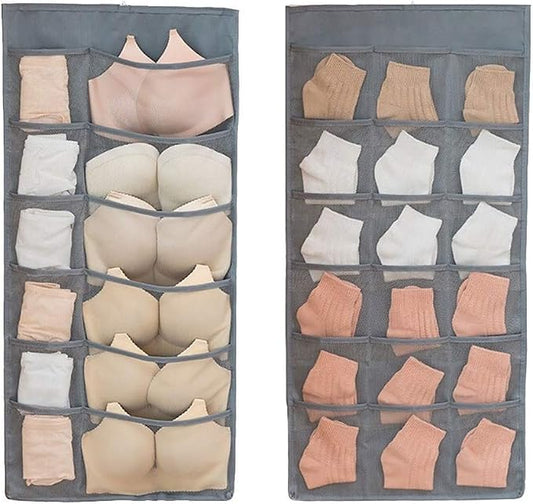 Closet Hanging Organizer with Mesh Pockets & Rotating Metal Hanger,Dual Sided Wall Shelf Wardrobe Storage Bags,Oxford Cloth Space Saver Bag for Bra Underwear Underpants Socks (gray)