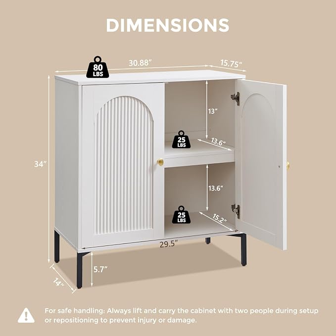IFGET 34" Tall Modern Arched Sideboard Buffet Cabinet with Storage, White | Fluted Arch Sideboard Cabinet w/Adjustable Shelves, Wooden Modular Kitchen Cabinet for Dining& Living Room, Entryway