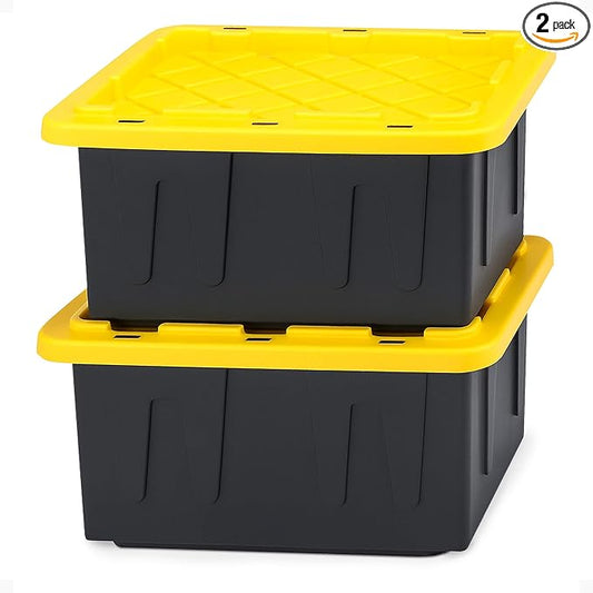 HOMZ Durabilt Plastic Storage Bins with Lids, 15 Gal, Black/Yellow, 2 Pack | Heavy-Duty Large Stackable Container Boxes for Home, Attic, and Garage Organization