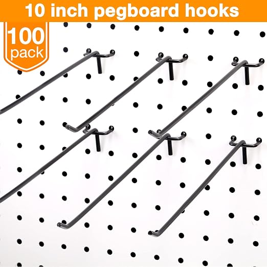 100 Pcs Peg Board Shelving Hooks Stainless Steel Hanging Board Pegs Wall Display Hooks Bulk for 1/8 1/4 Garage Storage Organizer Accessories (10 Inch,Black)