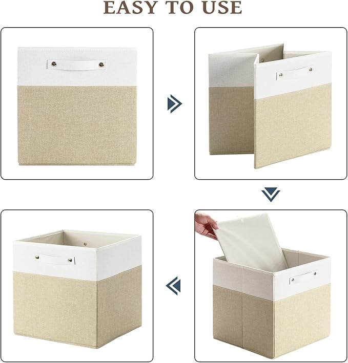 FinishingBo 13x13x13 Storage Cube Bins 4 Pack, Cube Shelf Baskets | Foldable Storage Cubes, Linen Storage Bins with Handles, Closet Organizers, White/Khaki