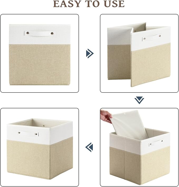 FinishingBo 13x13x13 Storage Cube Bins 6 Pack, Cube Shelf Baskets | Foldable Storage Cubes, Linen Storage Bins with Handles, Closet Organizers, White/Khaki