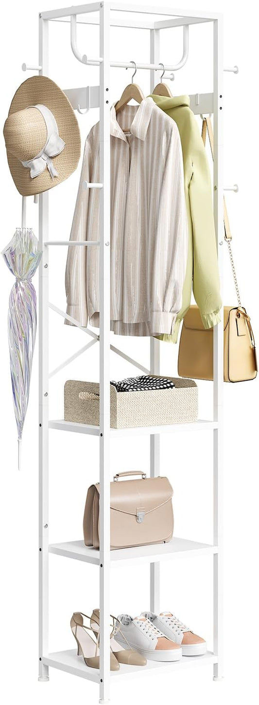 ELYKEN Coat Rack Freestanding, Hall Tree with 3 Shelves and 12 Hooks, White | Industrial Metal Frame, Space-Saving Design, Clothes Rack Stand Organizer for Bedroom, Hallway, Entryway, Office, Living Room