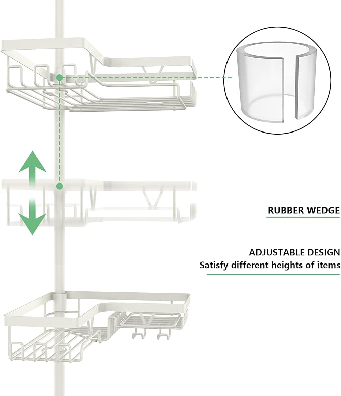 KEGII Shower Corner Caddy Tension Pole, Corner Bathtub Shelf, Cream White | Rustproof, Waterproof, 4-Tier Shower Storage with Hooks, Soap Holder and Razor Rack, No Drill Organizer for Inside Showers