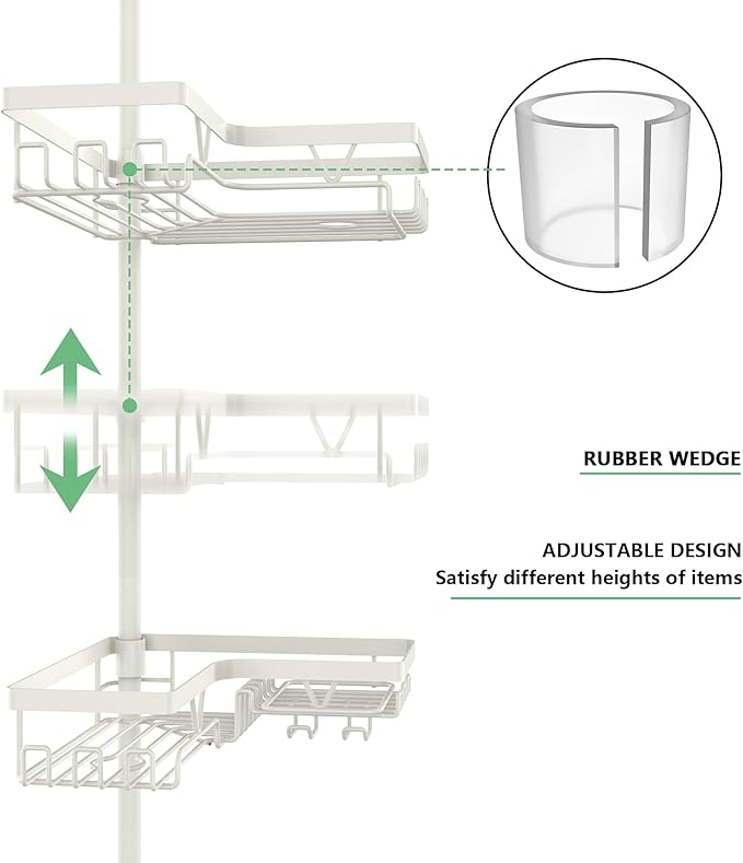 DAOYA Corner Shower Caddy Tension Pole - Adjustable Shower Caddy Off-white | WIth 28 Hook/2 Soap Dish/ 2 Razor Holder, Rustproof, For Bathtub/Bathroom, Floor to Ceiling 25-114 Inch, Simple Install