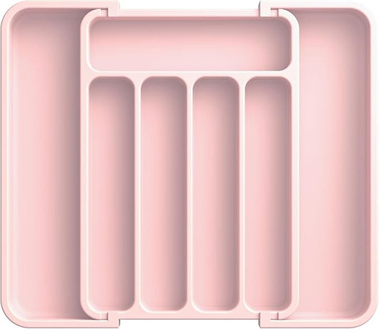Aujen Silverware Drawer Organizer, Adjustable Utensil Cutlery Tray | Expandable Kitchen Organizer for Forks Knives, Multipurpose Kitchen Storage, Apartment Essentials, Pink, Medium