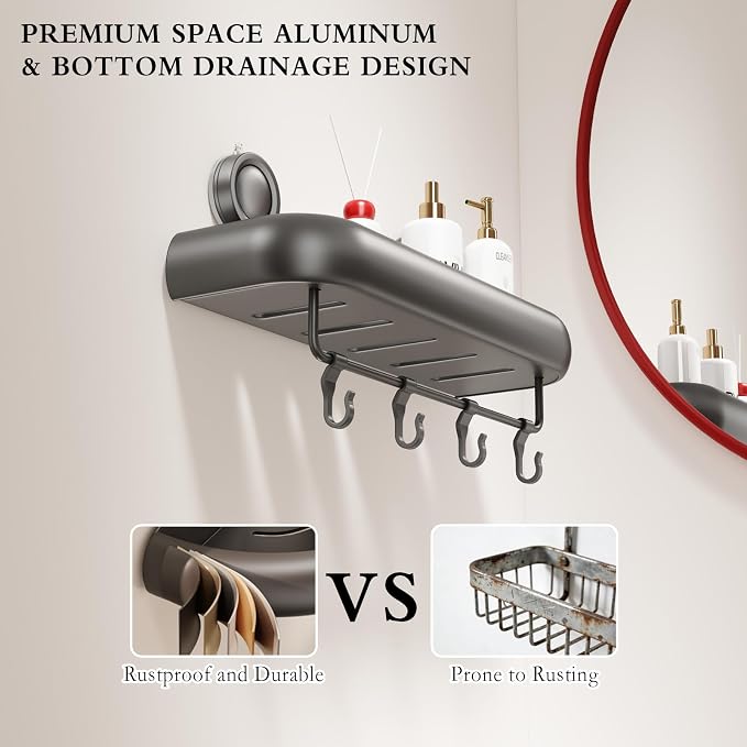 CICUFY Shower Caddy Suction Cup, 2 Pack No Drilling Corner Shower Shelves, Rust Proof Bathroom Storage Organizer, Shower Corner Caddy with Removable Hooks and Towel Bar, Square, Grey
