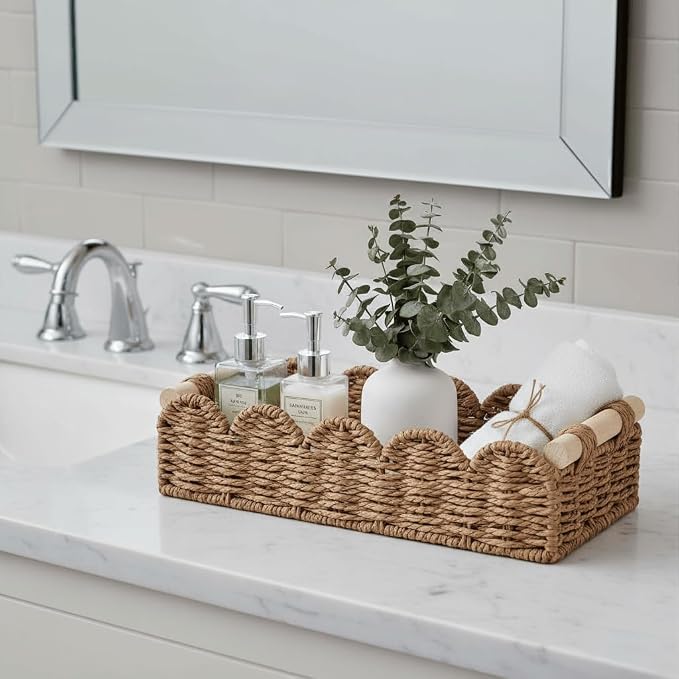 CubesLand Toilet Paper Storage Basket Organizer, Small Wicker Decor Basket | Toilet Tank Top Decorative Basket for Countertop, Handwoven Scalloped Basket W/Handle for Home Decor Living Room, Neutral