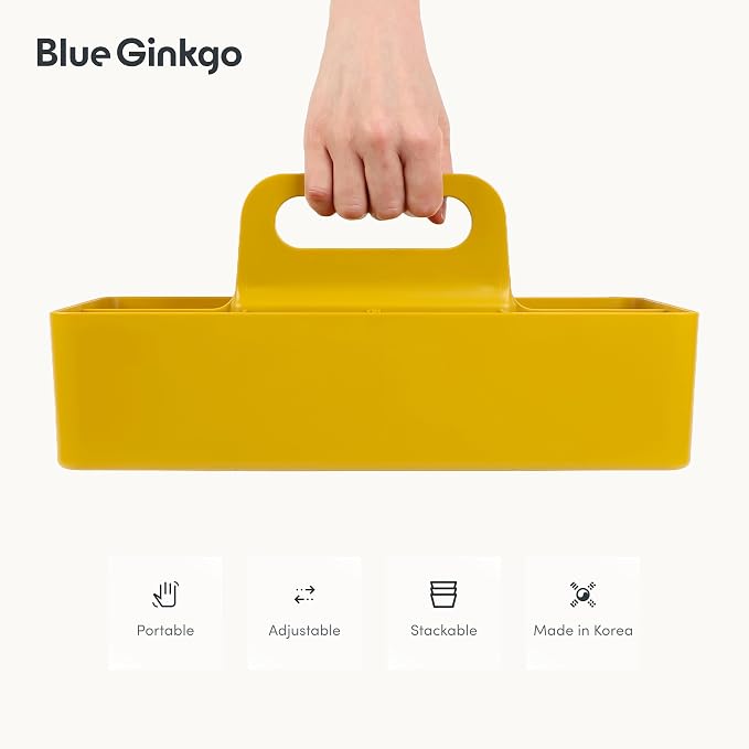 BLUE GINKGO Stackable Organizer Caddy, Long, Yellow, Made in Korea | Portable. Adjustable. Home, Office & School Storage.