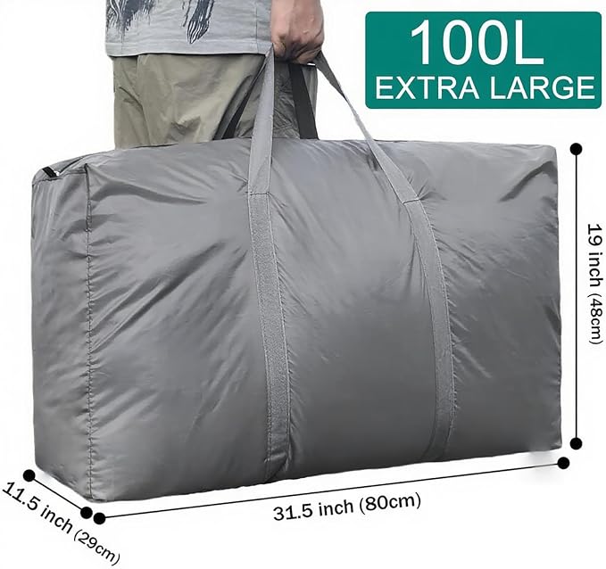100L Extra Large Storage Bags, Big Moving Bags with Strong Zippers & Carrying Handles, Packing Bags for Moving, Storage, Travel and Camping, Storage Totes For Space Saving (Grey, 2 Pack)