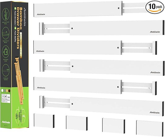 Expandable Bamboo Drawer Dividers, Drawer Separators,17-22 inches Adjustable Spring-loaded Organizer for Large Utensil, Clothes, Tools Drawers, 6Pack (White)