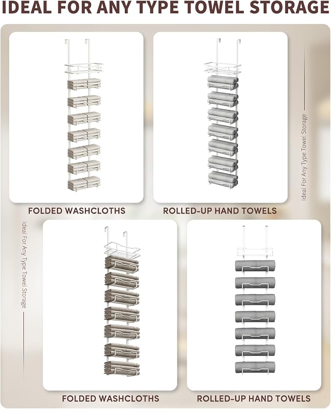 Aetyord Hanging Towel Racks for Bathroom Storage | 6-Tier Over The Door Bath Towel Storage Organizer with Metal Shelf Basket for Small Bathrooms RV Camper White