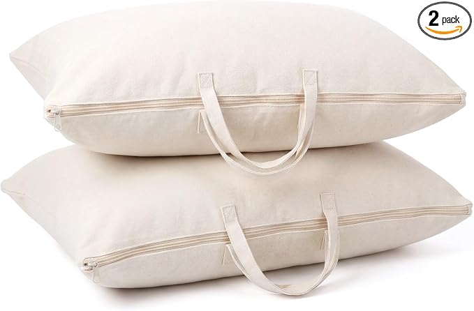 2 Pack Travel Pillow and Blanket Bags, 100% Cotton Canvas Pillow Storage Bag with Handles for Airplane Home, Heavy Duty Breathable Organizer for Bedding Linens, Pillow Bag for Traveling(2,20"x36")