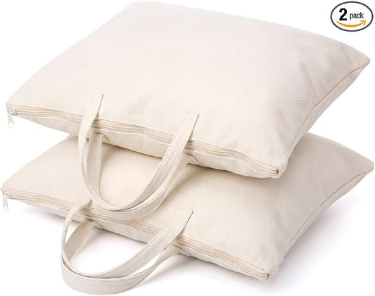 2 Pack Travel Pillow and Blanket Bags, 100% Cotton Canvas Pillow Storage Bag with Handles for Airplane Home, Heavy Duty Breathable Organizer for Bedding Linens, Pillow Bag for Traveling(2,20"x26")