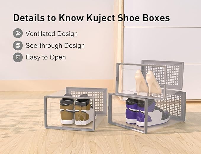 Kuject X-Large Shoe Storage Boxes 12 Pack, Clear Stackable Shoe Organizer | Shoe Case for Closet, Entryway & Under-Bed Storage, Drop-Front Design, Space-Saving Solution for Family Organization,Grey