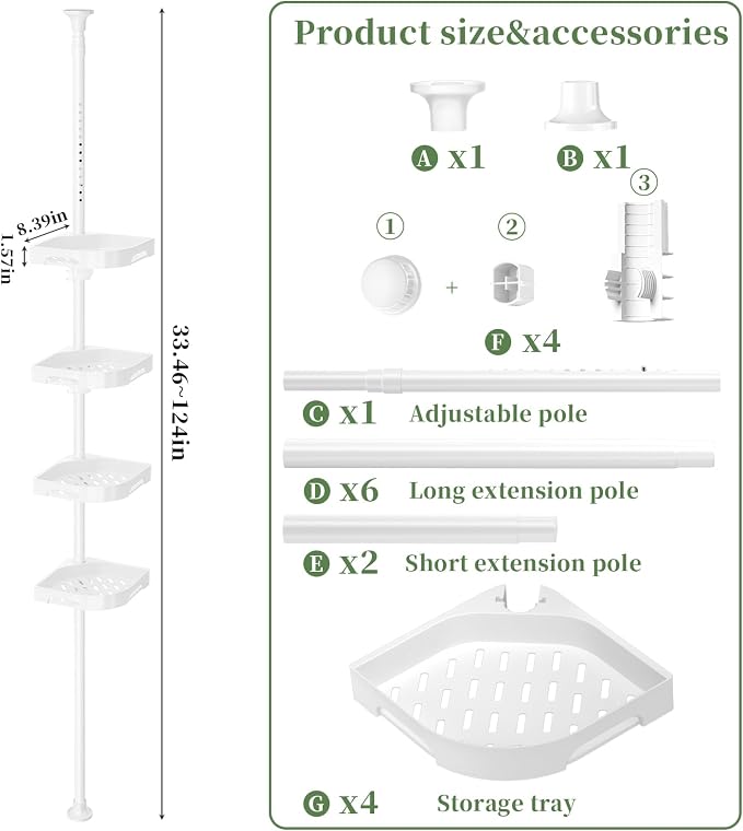 akinbas Tension Pole Shower Caddy Organizer with 4 Tier L-Shaped Rust Resistant Bathroom Corner Shelves with 34-124 Inch Adjustable No Drilling Quick Install Shower Rack for Bath Essentials (White)