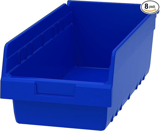 Akro-Mils 30088 ShelfMax Plastic Storage Bins, Heavy Duty Storage Bins for Garage, Closet, Home and Office Organization, 18" x 18" x 6", Blue, 8-Pack