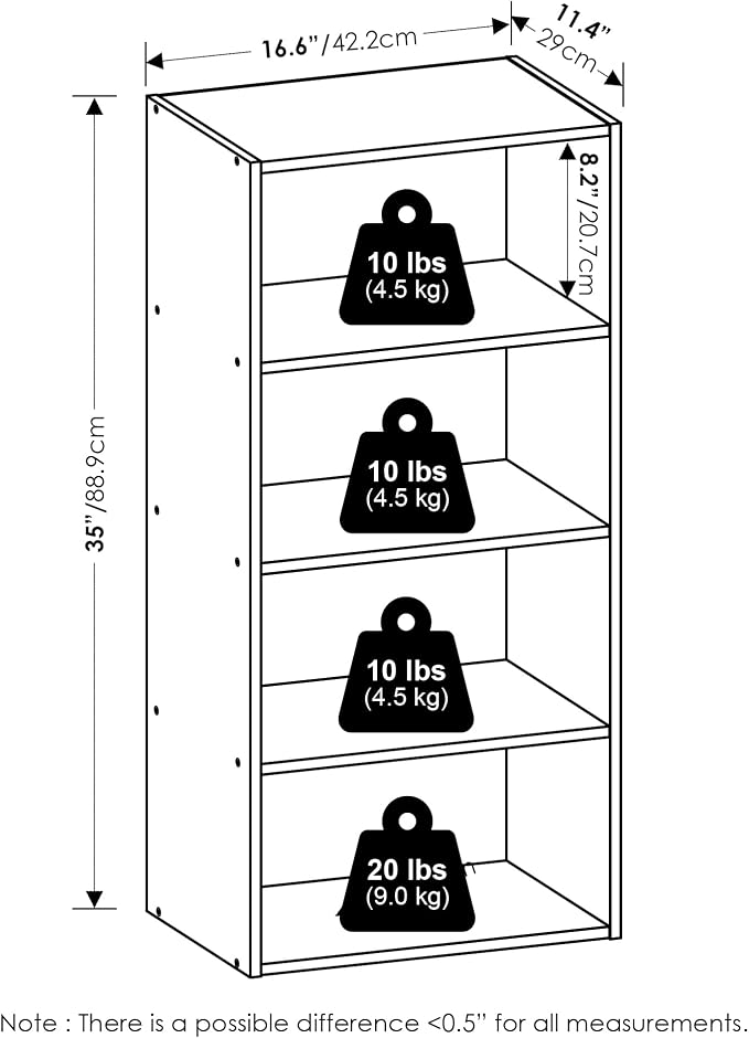 Furinno Basic Book Shelf, 4-Tier Bookcase with Open Shelf, Bookshelf, Cube Storage Organizer, 11 x 17 x 35, for Living Room, Bedroom, Home Office, Amber Pine