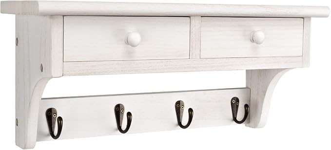 Emfogo Coat Hooks Wall Mounted, Rustic Wood Coat Rack Wall Mount Shelf with Hooks, Farmhouse Wall Coat Rack with Shelf & Coat Hook for Entryway, Mudroom, Bedroom, Kitchen, Bathroom (White)