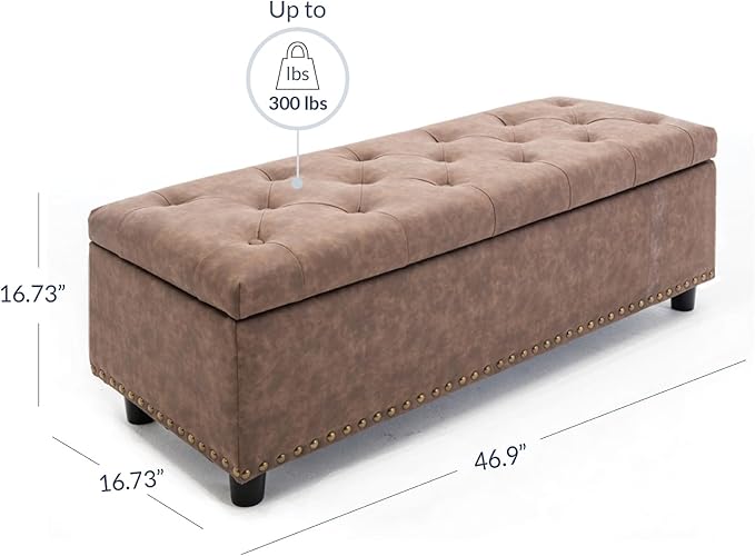 BELLEZE Storage Ottoman, Tufted Ottoman with Close Hinge, Foot Rest for Living Room (Rustic Brown, 47 inch)