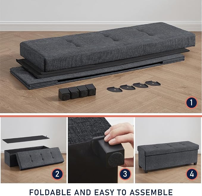 Ornavo Home 43" Large Storage Ottoman Bench with Legs, Black | Foot Rest Stool; Ottoman with Hidden Storage; Ideal for Bedroom, Living Room, Entryway or Home Office