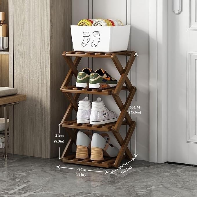 4 Tier Foldable Shoe Rack, Bamboo Vertical Shoe Organizer Tall for Multifunctional Narrow Shoe Shelf for Entryway, Closet, Corner, Bedroom, Hallway(Brown)