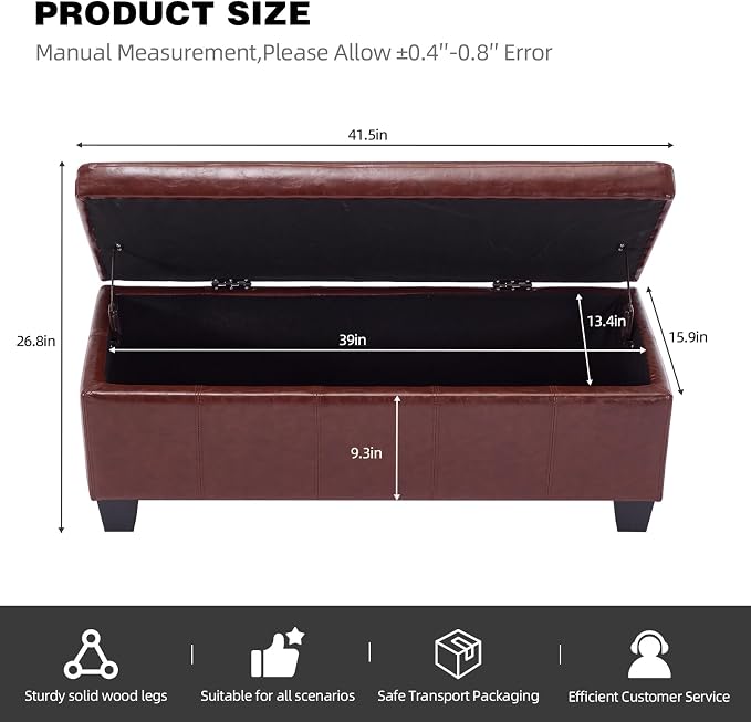 41.5 Inch Brown Faux Leather Storage Ottoman Bench for Bedroom Entryway | 2.8 cu ft hidden storage space,660 lbs load capacity,solid wood legs,ideal for end of bed mudroom