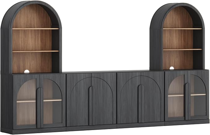 BELLEZE TV Stand Storage 4 Piece Set, Modern Modular Entertainment Center with Storage Tall Media Console with Glass Doors, Wood Side Cabinets for Living Room, Ebony