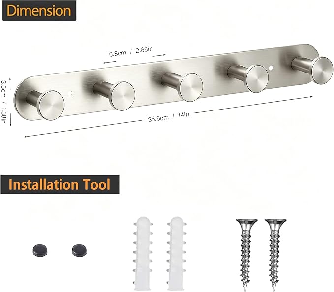 Coat Hooks - Coat Rack Wall Mount - Brushed Nicke (1 Pack) ﻿ | Stainless Steel Coat Rack Whit 5 Hooks, 14 Inches Hat Rack, Key Holder for Wall, Towel Hook, Towel Racks for Bathroom