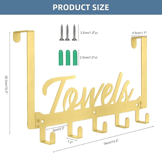 Azmoncy 2 Pack Over The Door Hooks, Towel Rack for Bathroom Towel Holder for Hanging Heavy Duty, Wall Mount Towel Hanger with 10 Hooks for Bedroom Bathroom Kitchen Towels, Bag, Coats(Gold)