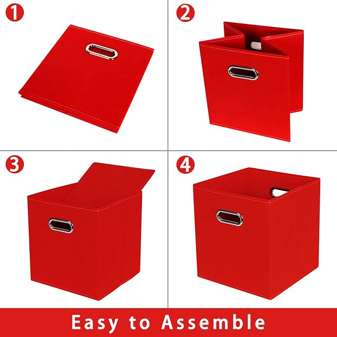 Fabric storage bins Cubes, Fabric Cube Organizer with Handle, Foldable Cube Bins for Cloth or Accessary Storage, 11x11x11, Set of 6, (Red)