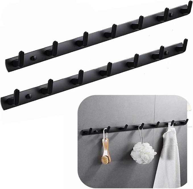 Wall Mounted Coat Rack, 7 Hooks, 25.7"x1.3", Modern, Black, 2 Pcs | Space Aluminum, Rustproof, for Hallway, Entryway, Hanging Holder for Clothes, Towel, Backpack, 40 lbs Capacity, Easy Install