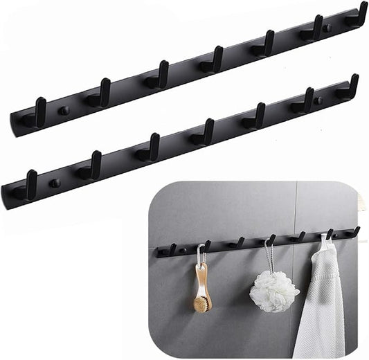 Wall Mounted Coat Rack, 7 Hooks, 25.7"x1.3", Modern, Black, 2 Pcs | Space Aluminum, Rustproof, for Hallway, Entryway, Hanging Holder for Clothes, Towel, Backpack, 40 lbs Capacity, Easy Install