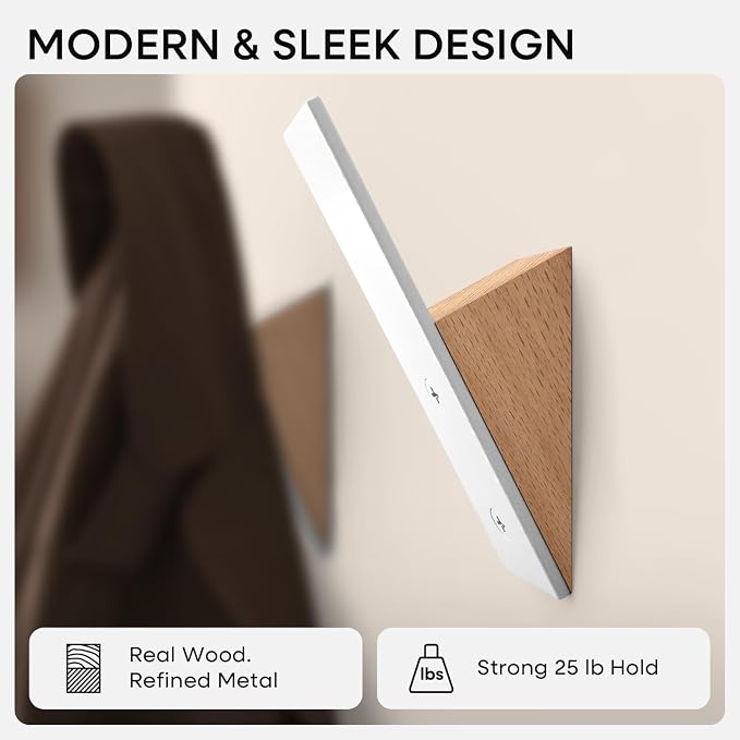 Beech Wood Coat Hooks, High End Beech Wood & White Metal Wall Mounted Clothing Hooks, Mid-Century Modern Coat Hooks, Heavy Duty Wooden Hooks for Hanging Coats, Hats, Towels & More, Set of 6