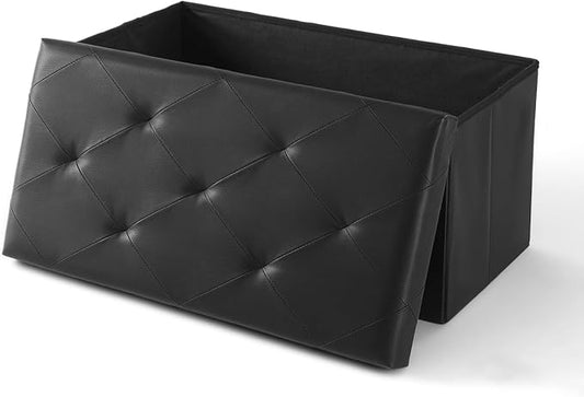 DUMOS 30 Inch Folding Ottoman with Storage Bench, Foot Rest Stool Ottoman | Upholstered End of Bed Storage Bench, Storage Ottoman Loads 660 Lbs for Bedroom, Living Room, Synthetic Leather, Black