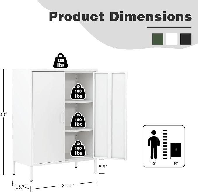 Bevivog Metal Locker Cabinet with 2 Doors, White Metal Accent Cabinets for Home Office, 40" Counter Height Storage Lockers Sideboard for Home Office Kitchen Living Room Hallway Entryway