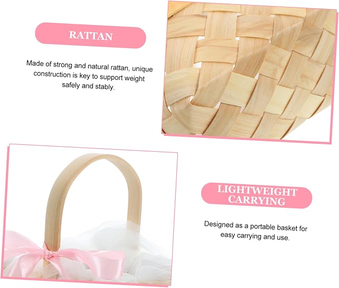 Zerodeko Woven Rattan Basket for Fruits and Flowers Decorative Storage Basket with Natural Touch for Home Wedding and Picnic Decor Includes Tulle Ribbon