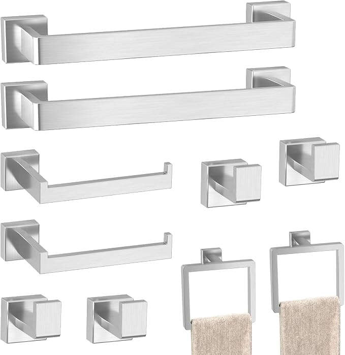 10-Pieces Brushed Nickel Bathroom Accessories Set, 16 Inch Towel Bar Set | Stainless Steel, Towel Ring, Toilet Paper Holder, Robe Hooks, Towel Racks for Bathroom Wall Mounted, Bathroom Hardware Set