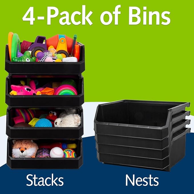 ReadySpace Extra Large Plastic Storage Bins, Stackable Organizer Containers for Closet Pantry Shelf Garage and Office Organization, Black, 4 Pack | Open-Front Stackable Bins For Garage, Pantry, Closet & Office, 14,8"L X 16,5"W X 7"H, Nests When Empty, ...