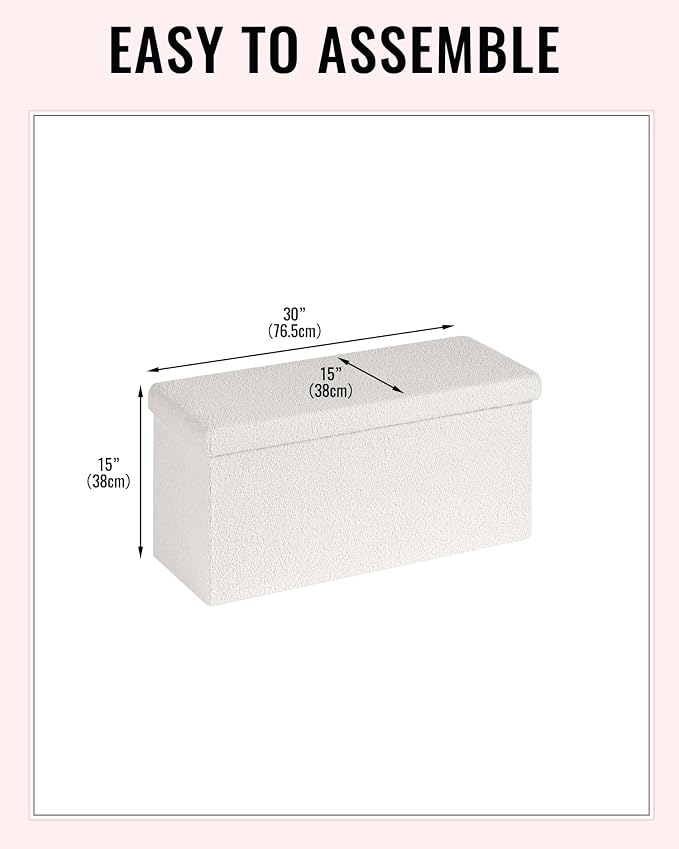30 Inch Storage Ottoman Bench, Boucle Folding Ottoman Footstool, Rectangular Sherpa Footrest Storage Bench for Bedroom, Living Room, Entryway, Dorm, White