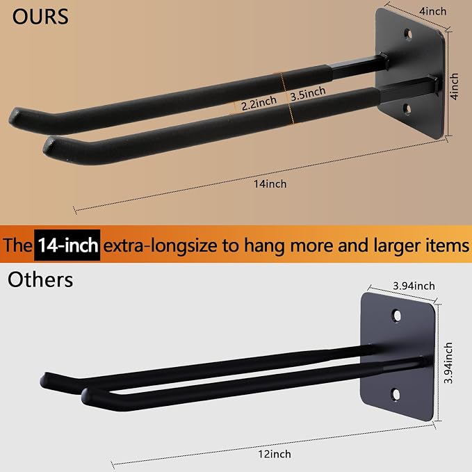 Sinoer 2 Pack Steel Wall Mount Double Garage Storage Hooks | 14 inch heavy steel double wall hooks organize ladders, chairs, ropes, tires & strollers for garage use