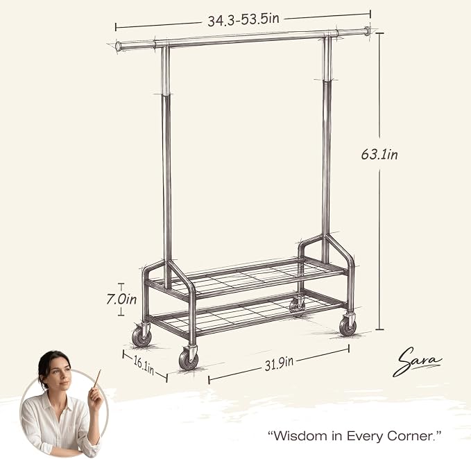 Heavy Duty Clothes Rack, Rolling Clothing Rack Load 650 LBS for Hanging Clothes with 2 Sturdy Shelves, Metal Garment Rack with Wheels for Bedroom, Laundry Room, Retail Store, Black, Large