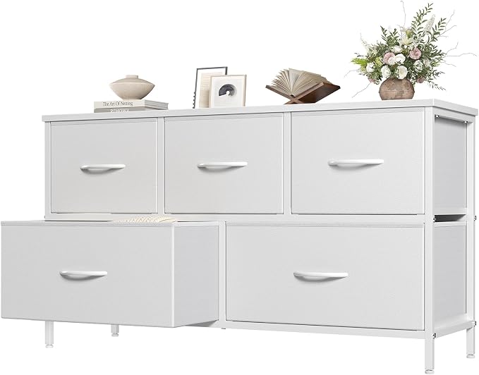 OLIXIS White Dresser for Bedroom, Wide Chest of Drawers for Clothes Storage | Fabric Bedroom Dresser with 5 Drawers, Storage Organizer Unit with Fabric Bins, Wooden Top, Living Room