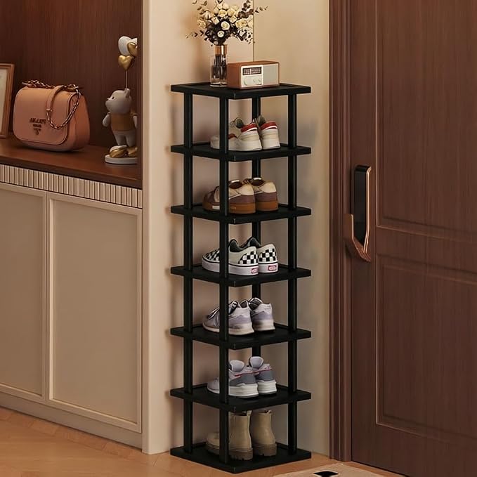 Vertical Shoe Rack - Tall Narrow Shoe Rack Organizer for Small Spaces,17 Tier Bamboo Shoen Shelf for Entryway,Closet,Corner,Doorway,Skinny Shoe Shelf Space Saving Shoe Storage,Free Stackable DIY
