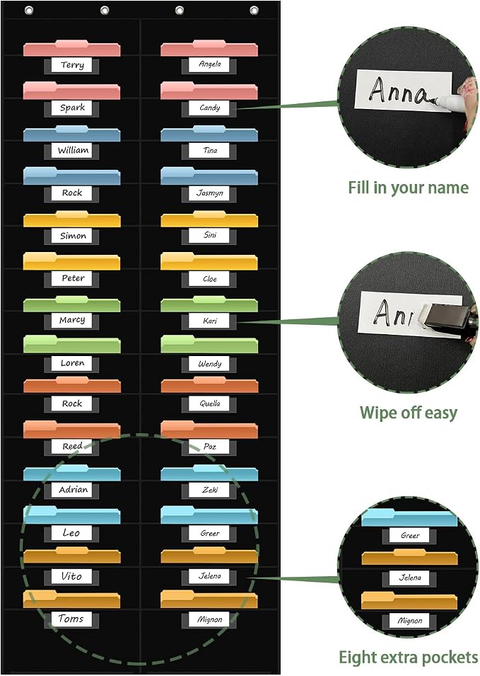 ANCOMEDO 28 Pocket Hanging Wall File Organizer with 28 Name tag Pockets, File Storage Pocket Chart for Classroom and Office Use. Keeps Assignments, Files, Scrapbooks, and Papers Neatly Organized.