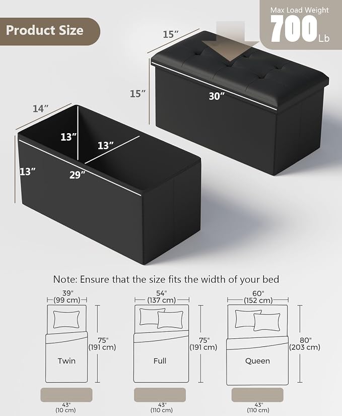 Folding Storage Ottoman Bench, Black, 30 Inches | Multi-Functional Ottoman Foot Rest, End of Bed Bench, Storage Chest, Living Room, Bedroom, Hallway, Entryway, 600 lb Capacity